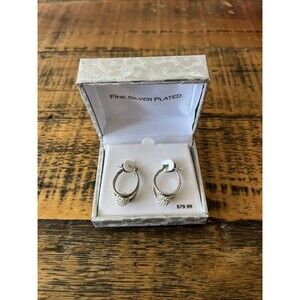 Women’s White Brass Silver Plated Fashion Oval Hoop Earrings w/Clear Crystals